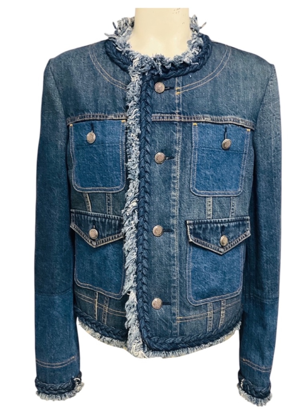 JUNYA WATANABE BLUE FRINGED BRAIDED TRIM DENIM JEAN JACKET